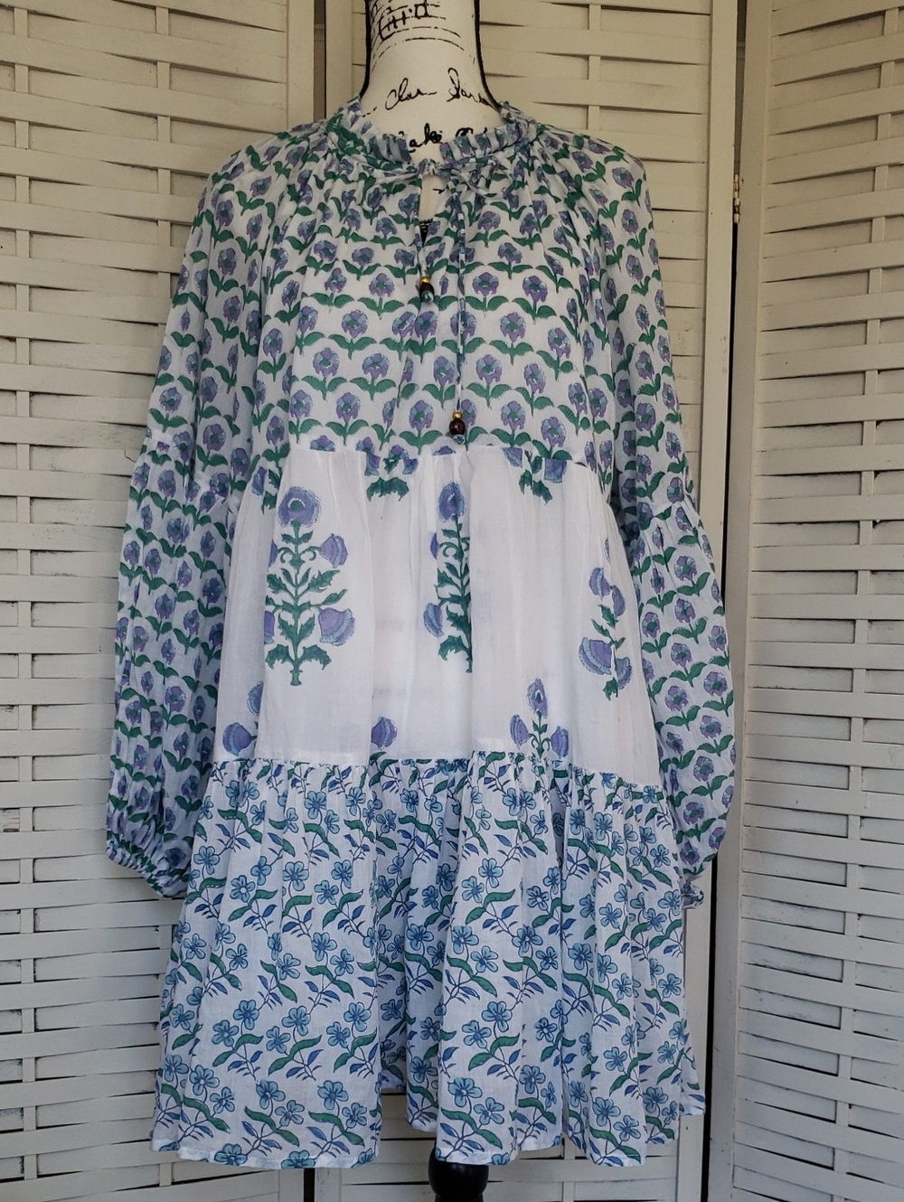 Oliphant Boho Neck Tie Wide Sleeves White Cotton Top with Subtle Lavender Print